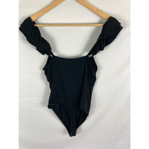 Lulus Black Ruffle Sleeve Ribbed Bodysuit Size Large - Picture 4 of 4